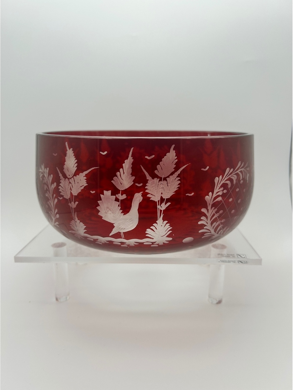 Vintage Ruby Red Bohemian Cut-to-Clear Crystal Bowl “Deer in the Woods”